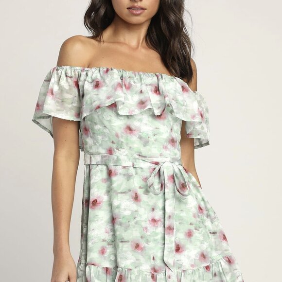 NWT Lulus French Gardens Green Burnout Floral Off-the-Shoulder Mini Dress (SM) - Picture 1 of 9